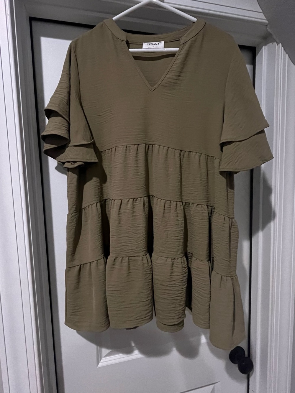 Zenana Outfitters Olive Tiered V-Neck Ruffle Sleeve Tunic